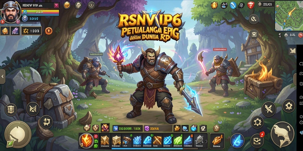 Antarmuka permainan RSNVIP6 yang menampilkan karakter RPG dan dunia fantasi.