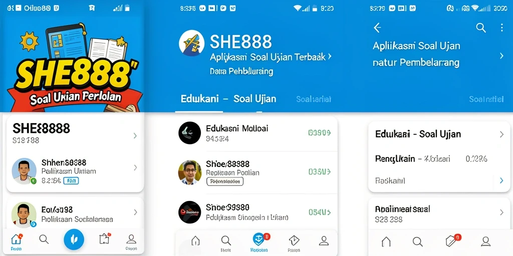 Tampilan antarmuka modern aplikasi SHE888 dengan fungsi Soal Ujian.